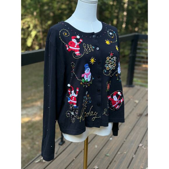 Jack B Quick Vintage Christmas Cardigan Santa Snowman Beaded Holiday Sweater L - Picture 3 of 8